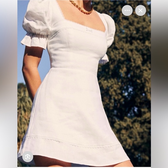 Reformation Evianna Linen Square Neck White Puff Sleeve Mini Dress - Picture 3 of 6